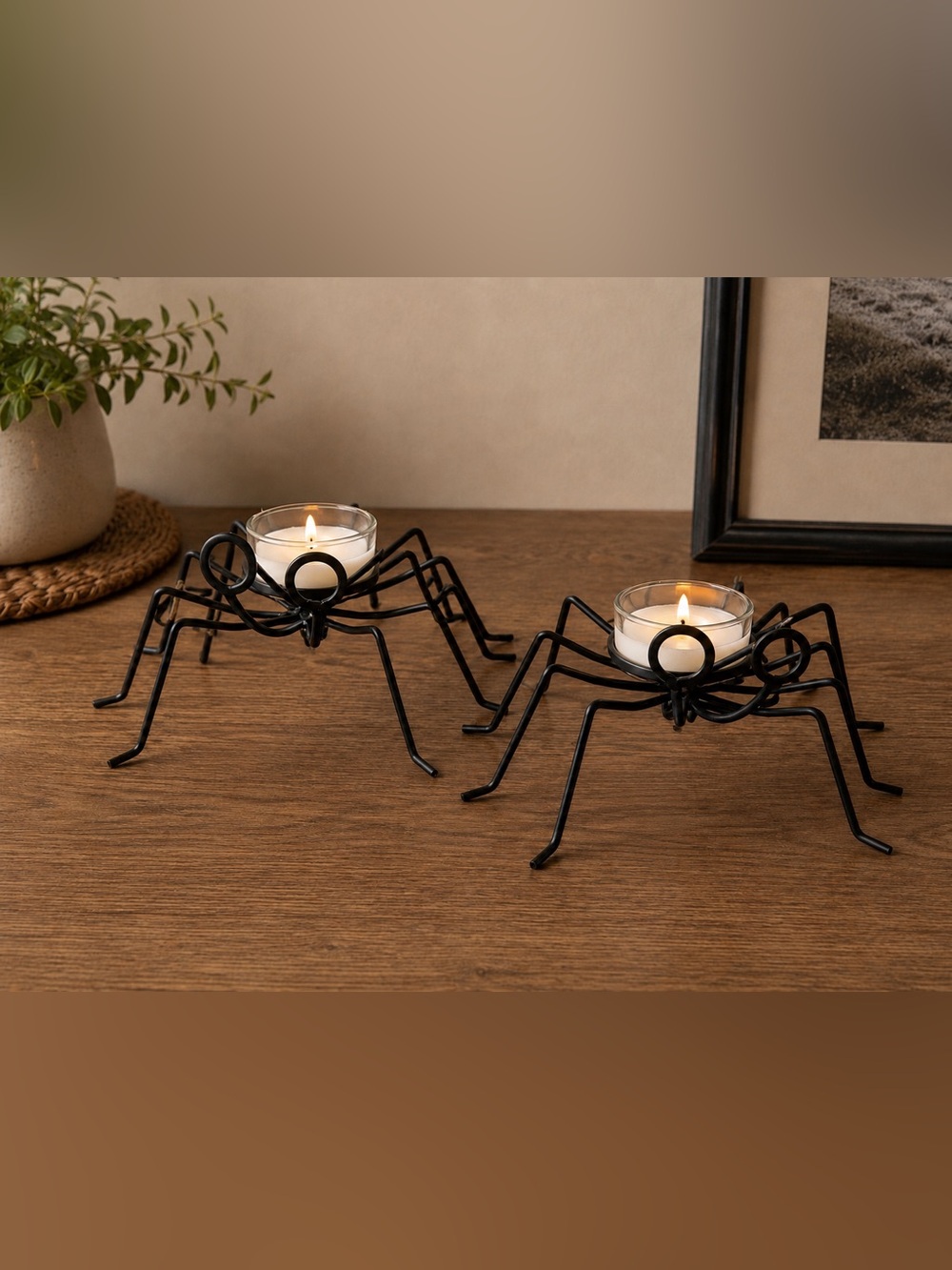 Black Metal Spider Tealight Candle Holders Set of 2 Halloween Gothic Decor
